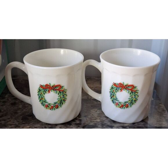 2 Vintage Salem Porcelle Christmas Tree Wreath Coffee Tea Cup Mug Made in France - Picture 3 of 8